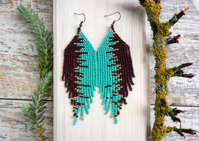 Turquoise Brown Gold seed beads long earrings image 1