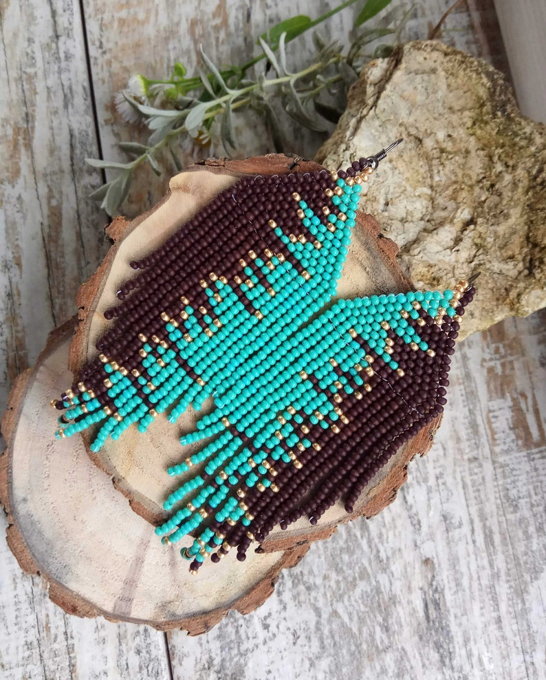 Turquoise Brown Gold seed beads long earrings image 4