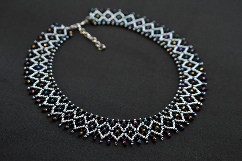 Crystal beaded collar necklace, Black silver necklace, Crystal necklace 画像 7