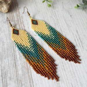 Long fringe earrings, Beaded earrings, Boho style, beadwork jewelry, dangle earrings, Native American style, seed bead earrings image 3
