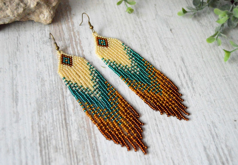 Long fringe earrings, Beaded earrings, Boho style, beadwork jewelry, dangle earrings, Native American style, seed bead earrings image 3