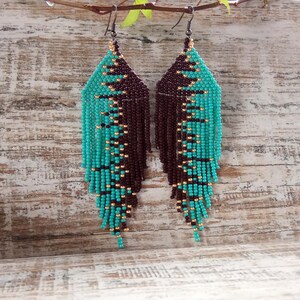 Turquoise Brown Gold seed beads long earrings image 8