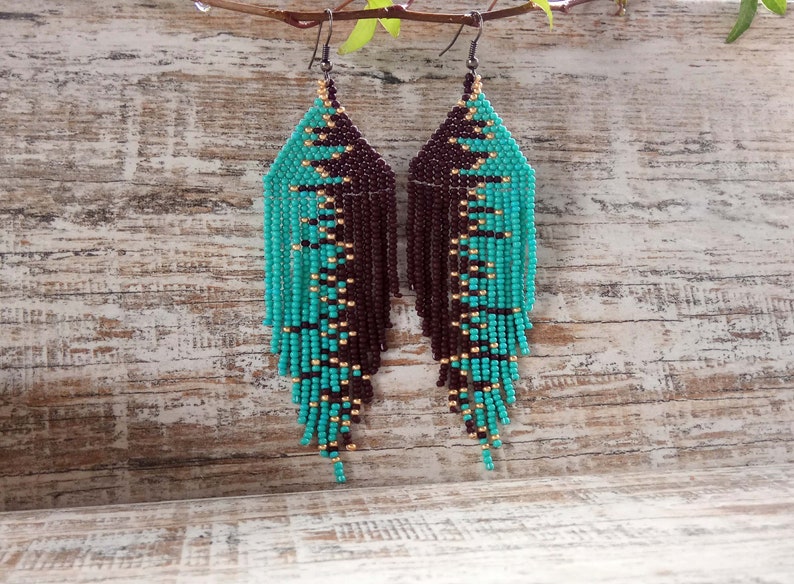 Turquoise Brown Gold seed beads long earrings image 8