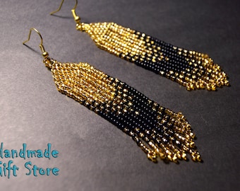 Gold and black beaded earrings, Fringe seed bead earrings