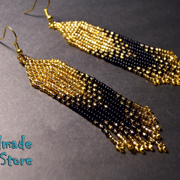 Gold and black beaded earrings, Fringe seed bead earrings