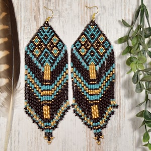 Extra Long Seed Bead Earrings: Turquoise, Gold, & Brown Ornament