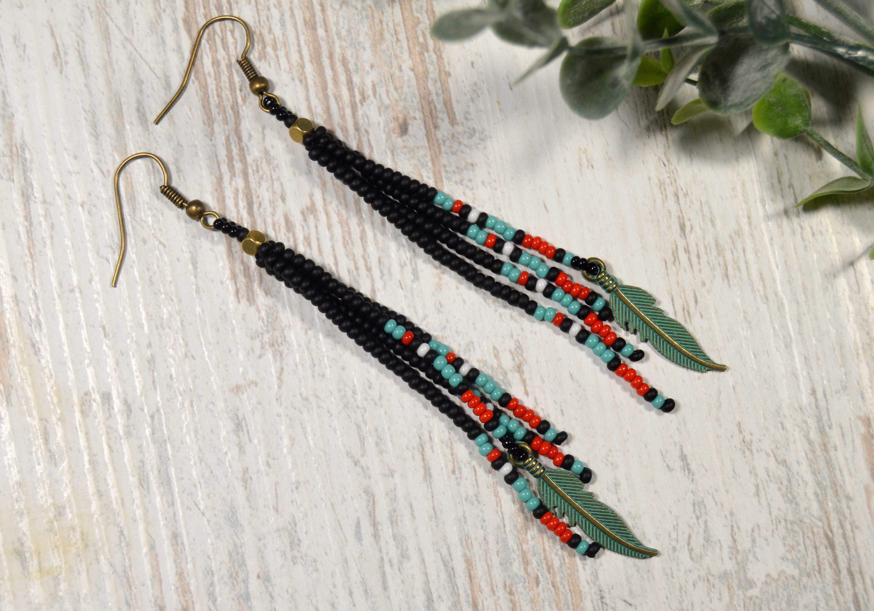 Long Fringe Earrings Feather Earrings Beaded Earrings Etsy