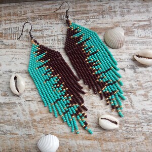 Turquoise Brown Gold seed beads long earrings image 7