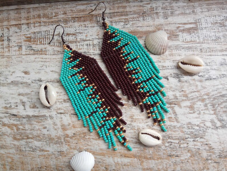 Turquoise Brown Gold seed beads long earrings image 7