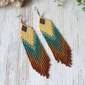 Long fringe earrings, Beaded earrings, Boho style, beadwork jewelry, dangle earrings, Native American style, seed bead earrings image 1