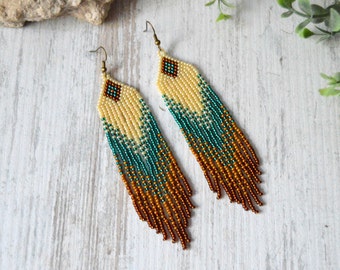 Long fringe earrings, Beaded earrings, Boho style,  beadwork jewelry, dangle earrings, Native American style, seed bead earrings