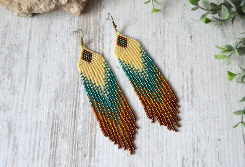 Long fringe earrings, Beaded earrings, Boho style, beadwork jewelry, dangle earrings, Native American style, seed bead earrings image 1