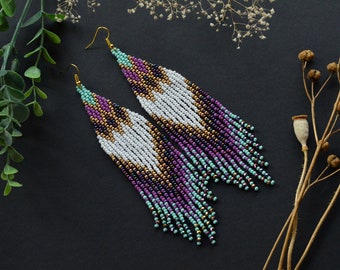 Long beaded earrings, Boho seed bead earrings, White purple mint gold earrings, Geometric dagle earrings, earrings with crystals