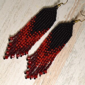 Fringe Beaded Red and Black Earrings - Etsy
