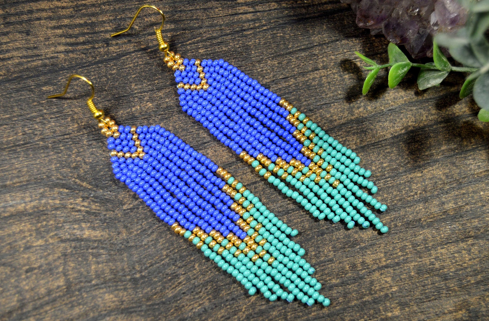 Turquoise long beaded earrings Seed bead earrings Etsy