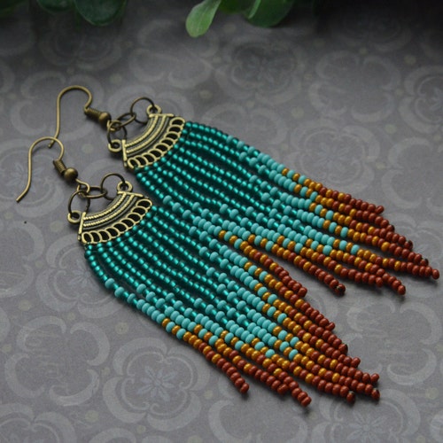 Beaded Earrings Long Fringe Earrings Artisan Seed Bead Etsy