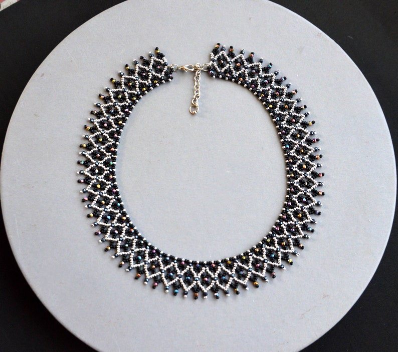 Crystal beaded collar necklace, Black silver necklace, Crystal necklace 画像 9