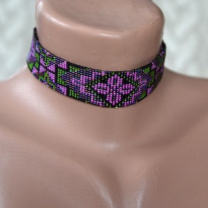 Beaded choker. iridescent purple, green, pink necklace, seed bead choker