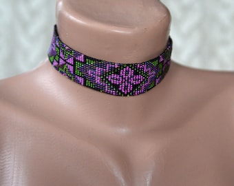 Beaded choker. iridescent purple, green, pink necklace, seed bead choker