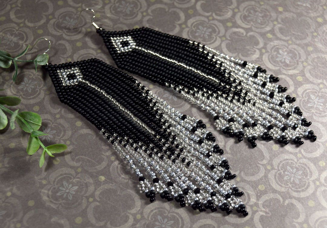Beaded Earrings, Black Silver Long Beaded Earrings - Etsy