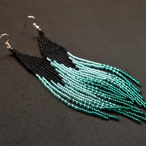 Extra long beaded earrings, Fringe black turquoise earrings, Tassel earrings, Shoulder duster earrings