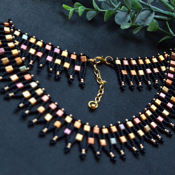 Black minimalist necklace, beaded collar necklace