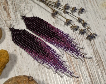 Long beaded fringe earrings, Gradient earrings