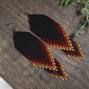 Long beaded fringe earrings, seed bead earrings,