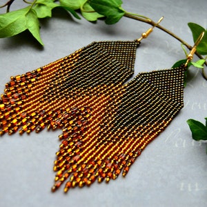 Seed bead gold brown earrings, beaded fringe earrings image 5