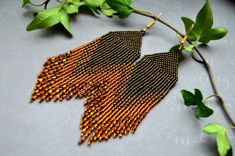 Seed bead gold brown earrings, beaded fringe earrings image 5