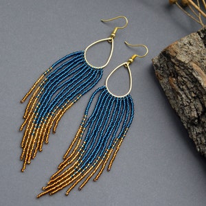 Shiny gold, navy blue seed bead long earrings, Beaded earrings,Fringe bead earrings, Boho earrings