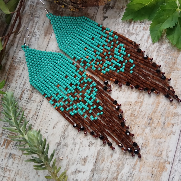 Long Turquoise Beaded Earrings: Boho Tassel Style