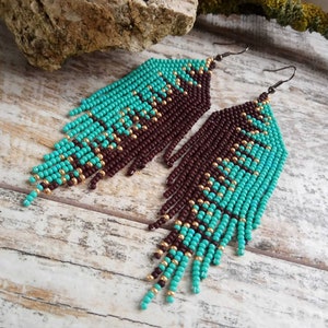 Turquoise Brown Gold seed beads long earrings image 5