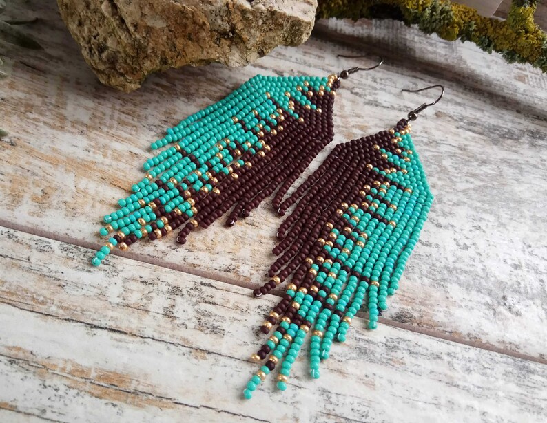 Turquoise Brown Gold seed beads long earrings image 5