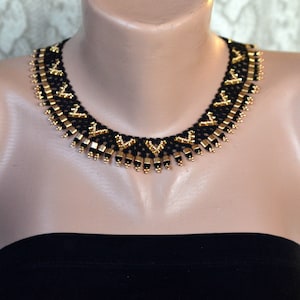 Black Gold Minimalist Necklace, Beaded Collar Necklace, Seed Bead ...