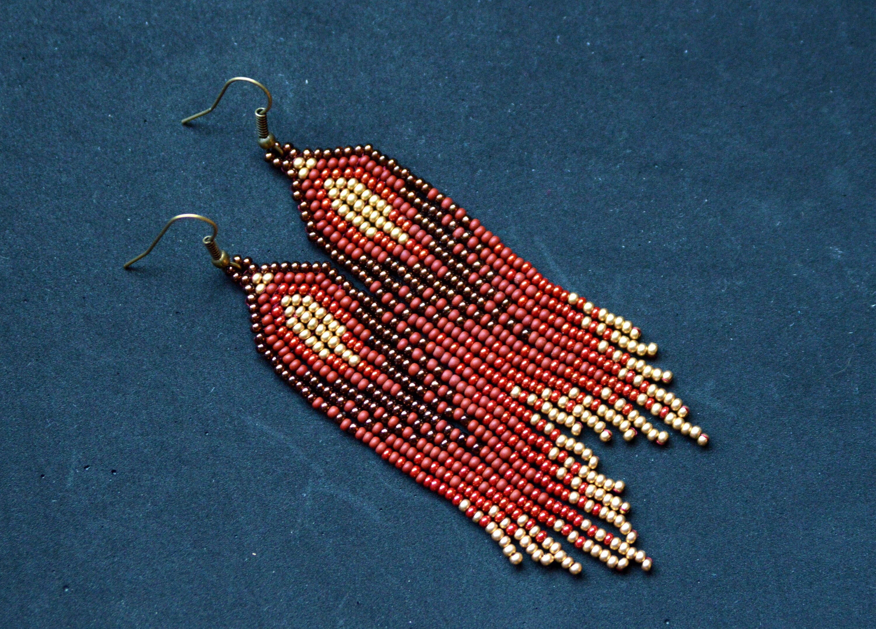 Brown Gold Beaded Earrings Fringe Earrings Handmade Artisan Etsy