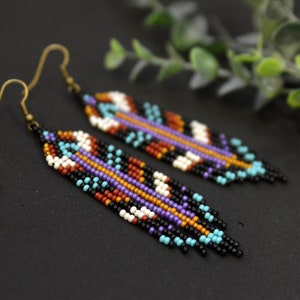 Beaded earrings, Long fringe earrings, Artisan seed bead earrings