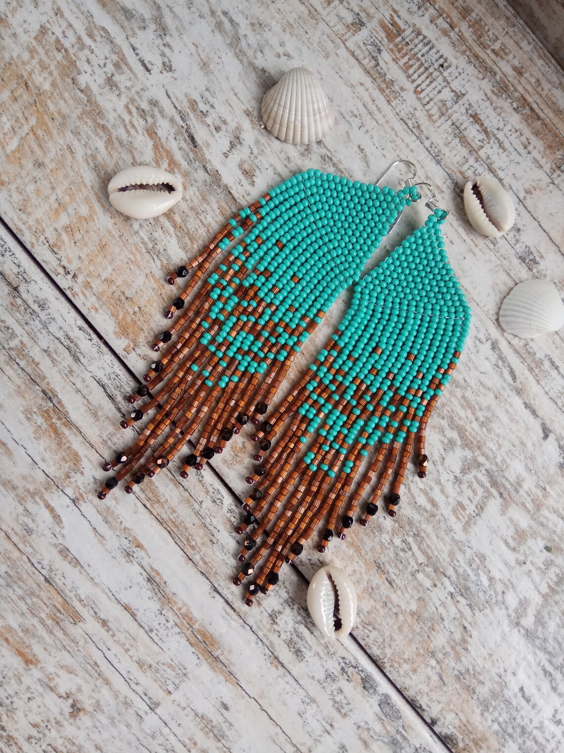 Long Beaded Earrings Turquoise Earrings Brown Earrings Boho Etsy