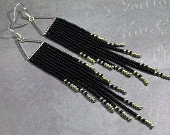 Silver black fringe beaded earrings, Triangle long earrings