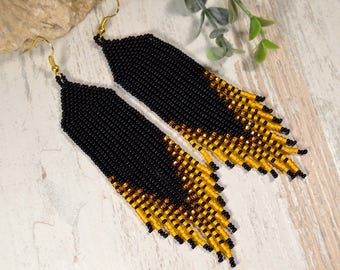 Black and yellow beaded earring, long fringe earrings