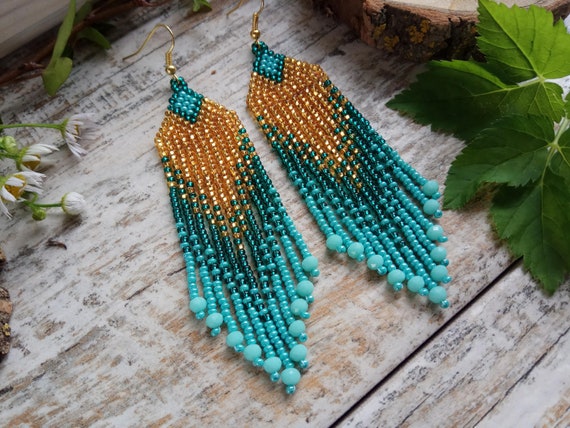 Gold Turquoise Beaded Earrings Etsy Australia