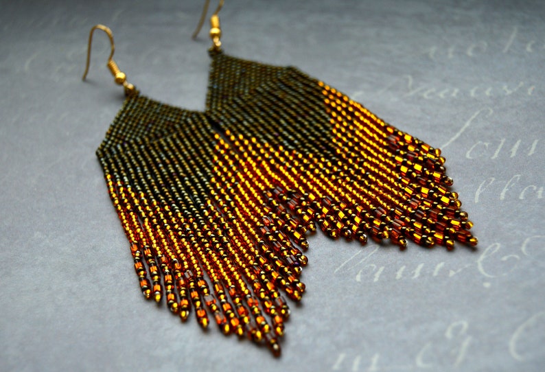 Seed bead gold brown earrings, beaded fringe earrings image 4