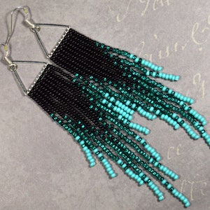 Beaded earrings Turquoise earrings Emerald and Black color Tassel earrings Seed beads earrings Gift for her Boho style