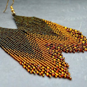 Seed bead gold brown earrings, beaded fringe earrings image 3