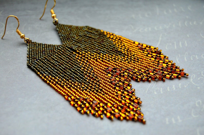 Seed bead gold brown earrings, beaded fringe earrings image 3