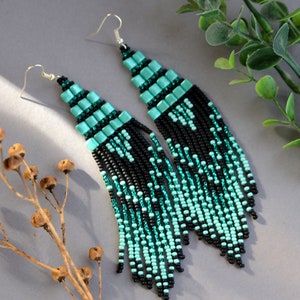 Turquoise Emerald black beaded earrings, Long beaded earrings, Fringe earrings, Egyptian style
