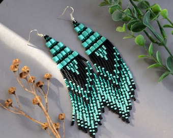 Turquoise Emerald black beaded earrings, Long beaded earrings, Fringe earrings, Egyptian style