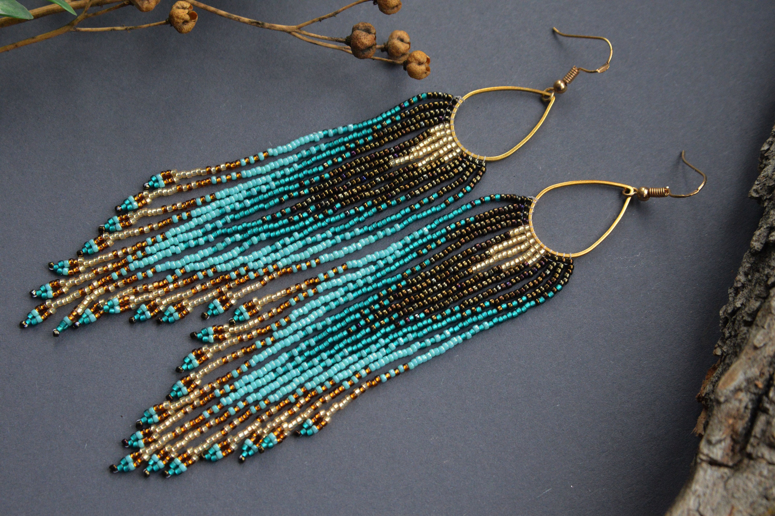 Emerald turquoise gold Beaded earrings Long fringe seed bead | Etsy