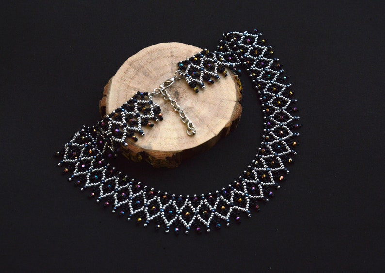 Crystal beaded collar necklace, Black silver necklace, Crystal necklace 画像 4
