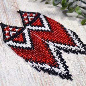 Red Black White earrings, Beaded earrings, Long earrings, Tassel beaded earrings, Christmas gifts